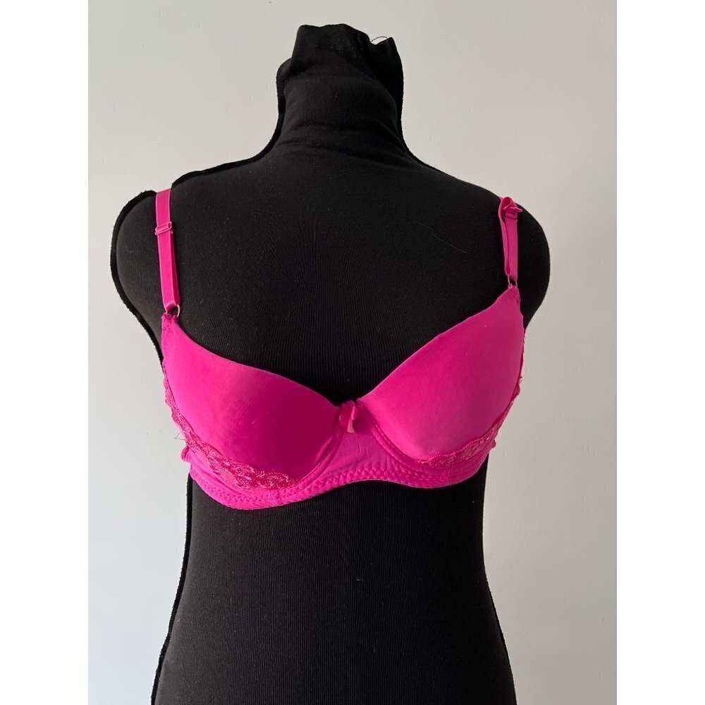 Nines Hot Pink Push-Up Bra Size 36B Lace Trim Underwire Hooks & Bow-Tie Front
